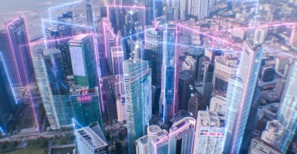 Photo illustration of a city skyline with lines drawn connecting the buildings. 