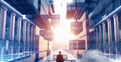 Abstract view of a man standing among skyscrapers at a desk.