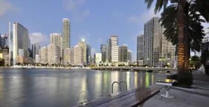 City skyline from the shore of a lake