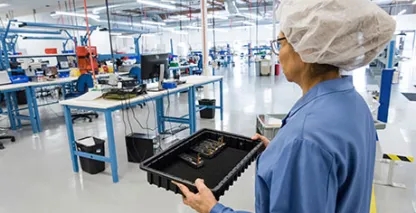 Woman carrying a tray in a lab