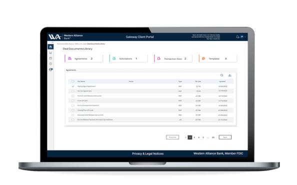 The Western Alliance Bank business escrow document library dashboard