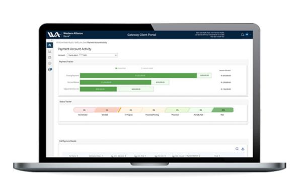 The Western Alliance Bank business escrow payment account activity dashboard