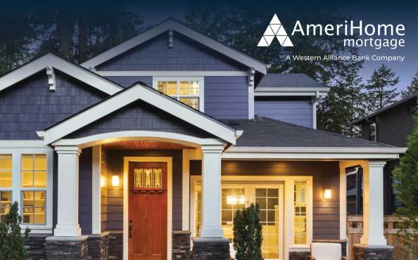 A big, modern home and the AmeriHome Mortgage logo